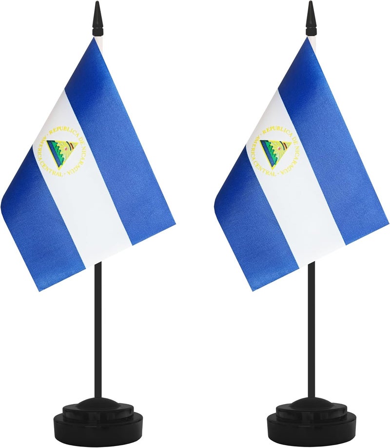 Yamiuo 2 Pack Nicaragua Desk Flag Set, Nicaraguan Desktop Small Miniature Table Office Flag with 12" Black Pole and Black Base, Offices, Classroom, Home, Festival Decoration (Nicaragua) - Image 1